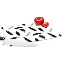 KitchenYeah Glazen Snijplank - 28x20 - Veren - Zwart Wit - Patroon - Snijplanken Glas