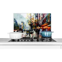 KitchenYeah Spatscherm keuken 70x50 cm - Kookplaat achterwand Schilderij - Stad - Olieverf - Muurbeschermer - Spatwand fornuis - Hoogwaardig aluminium