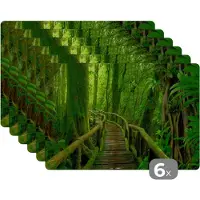 KitchenYeah Placemat - Placemats kunststof - Jungle - Brug - Mos - Natuur - Tropisch - 45x30 cm - 6 stuks - Hittebestendig - Anti-Slip - Onderlegger - Afneembaar