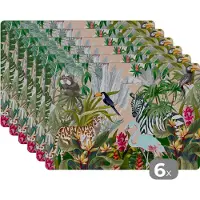 KitchenYeah Placemat - Placemats kunststof - Jungle - Natuur - Jongens - Meisjes - Kinderen - Zebra - Flamingo - 45x30 cm - 6 stuks - Hittebestendig - Anti-Slip - Onderlegger - Afneembaar
