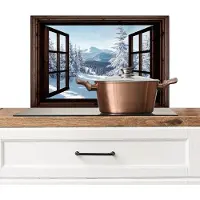 KitchenYeah Spatscherm keuken 60x40 cm - Kookplaat achterwand Winter - Landschap - Natuur - Berg - Bomen - Doorkijk - Uitzicht - Muurbeschermer - Spatwand fornuis - Hoogwaardig aluminium
