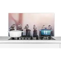 KitchenYeah Spatscherm keuken 100x50 cm - Kookplaat achterwand Vogels - Mussen - Paaltjes - Hout - Muurbeschermer - Spatwand fornuis - Hoogwaardig aluminium