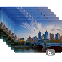 KitchenYeah Placemats - Skyline - Brug - Luchtballon - Stad - Ballonnen - Melbourne - Onderleggers placemats - Onderlegger - Placemat - 45x30 cm - 6 stuks