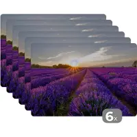 KitchenYeah Placemat - Placemats kunststof - Lavendel - Bloemen - Zonsondergang - Paars - 45x30 cm - 6 stuks - Hittebestendig - Anti-Slip - Onderlegger - Afneembaar