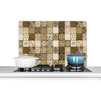 KitchenYeah Spatscherm keuken 80x55 cm - Kookplaat achterwand Vintage - Bloemen - Bruin - Tegels - Muurbeschermer - Spatwand fornuis - Hoogwaardig aluminium