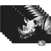 KitchenYeah Placemat - Placemats kunststof - Dieren - Neushoorn - Zwart - Wit - Portret - 45x30 cm - 6 stuks - Hittebestendig - Anti-Slip - Onderlegger - Afneembaar