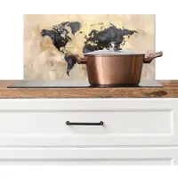 KitchenYeah Spatscherm keuken 60x30 cm - Kookplaat achterwand Wereldkaart - Goud - Zwart - Abstract - Muurbeschermer - Spatwand fornuis - Hoogwaardig aluminium