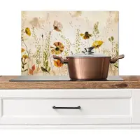 KitchenYeah Spatscherm keuken 60x40 cm - Kookplaat achterwand Illustratie - Planten - Insecten - Beige - Muurbeschermer - Spatwand fornuis - Hoogwaardig aluminium