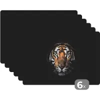 KitchenYeah Placemat - Placemats kunststof - Tijger - Wilde dieren - Portret - Zwart - Dieren - 45x30 cm - 6 stuks - Hittebestendig - Anti-Slip - Onderlegger - Afneembaar