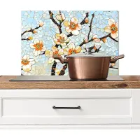 KitchenYeah Spatscherm keuken 60x40 cm - Kookplaat achterwand Bloesems - Wit - Mozaïek - Tak - Muurbeschermer - Spatwand fornuis - Hoogwaardig aluminium