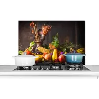 KitchenYeah Spatscherm keuken 90x60 cm - Kookplaat achterwand Groente - Fruit - Rustiek - Tafel - Muurbeschermer - Spatwand fornuis - Hoogwaardig aluminium