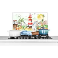 KitchenYeah Spatscherm keuken 70x50 cm - Kookplaat achterwand Strand - Dieren - Kinderen - Vuurtoren - Jongens - Muurbeschermer - Spatwand fornuis - Hoogwaardig aluminium