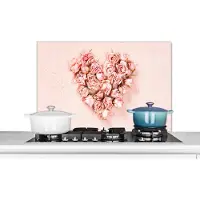 KitchenYeah Spatscherm keuken 90x60 cm - Kookplaat achterwand Hart - Bloemen - Roze - Muurbeschermer - Spatwand fornuis - Hoogwaardig aluminium