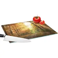 KitchenYeah Glazen Snijplank - 39x28 - Bos - Herfst - Zon - Landschap - Natuur - Bomen - Bladeren - Snijplanken Glas