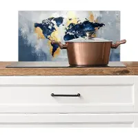 KitchenYeah Spatscherm keuken 70x30 cm - Kookplaat achterwand Wereldkaart - Blauw - Abstract - Muurbeschermer - Spatwand fornuis - Hoogwaardig aluminium