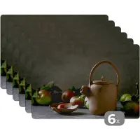 KitchenYeah Placemat - Placemats kunststof - Theepot - Thee - Stilleven - 45x30 cm - 6 stuks - Hittebestendig - Anti-Slip - Onderlegger - Afneembaar