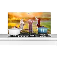 KitchenYeah Spatscherm - Katten - Kat - Vlinder - Zonsondergang - Natuur - Keuken - Muurbeschermer - 100x50 cm - Achterwand keuken - Decoratie keuken - Spatscherm kat - Spatwand