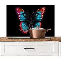 KitchenYeah Spatscherm keuken 80x55 cm - Kookplaat achterwand Vlinder - Kleuren - Dier - Zwart - Muurbeschermer - Spatwand fornuis - Hoogwaardig aluminium