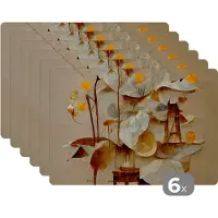 KitchenYeah Placemat - Placemats kunststof - Bloemen - Wit - Planten - Vintage - 45x30 cm - 6 stuks - Hittebestendig - Anti-Slip - Onderlegger - Afneembaar