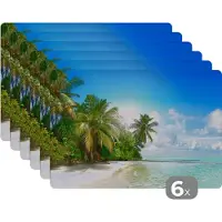 KitchenYeah Placemat - Placemats kunststof - Zee - Palmboom - Strand - Tropisch - Blauw - Groen - 45x30 cm - 6 stuks - Hittebestendig - Anti-Slip - Onderlegger - Afneembaar