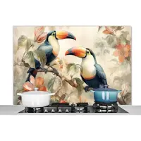 KitchenYeah Spatscherm keuken 120x80 cm - Kookplaat achterwand Toekan - Vogels - Bloemen - Tak - Muurbeschermer - Spatwand fornuis - Hoogwaardig aluminium