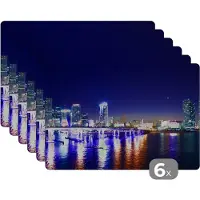 KitchenYeah Placemats - Steden - Miami - Skyline - Nacht - Blauw - Onderleggers - Placemats - Onderleggers placemats - 45x30 cm - 6 stuks