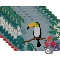 KitchenYeah Placemat - Placemats kunststof - Toekan - Planten - Bloemen - Kinderen - Dieren - Kids - 45x30 cm - 6 stuks - Hittebestendig - Anti-Slip - Onderlegger - Afneembaar
