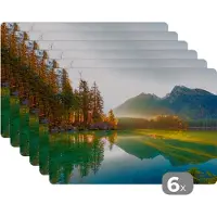 KitchenYeah Placemat - Placemats kunststof - Meer - Bos - Bergen - Natuur - Zon - Landschap - 45x30 cm - 6 stuks - Hittebestendig - Anti-Slip - Onderlegger - Afneembaar