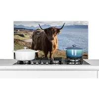 KitchenYeah Spatscherm keuken 100x50 cm - Kookplaat achterwand Schotse Hooglander - Bergen - Zee - Muurbeschermer - Spatwand fornuis - Hoogwaardig aluminium