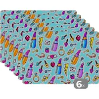 KitchenYeah Placemat - Placemats kunststof - Design - Sticker - Make Up - Ringen - 45x30 cm - 6 stuks - Hittebestendig - Anti-Slip - Onderlegger - Afneembaar