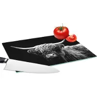 KitchenYeah Glazen Snijplank - 28x20 - Schotse Hooglander - Koe - Zwart - Wit - Dieren - Snijplanken Glas