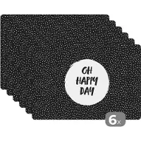 KitchenYeah Placemat - Placemats kunststof - Quotes - Tekst - Oh happy day - Geluk - 45x30 cm - 6 stuks - Hittebestendig - Anti-Slip - Onderlegger - Afneembaar