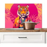KitchenYeah Spatscherm keuken 80x55 cm - Kookplaat achterwand Tijger - Kimono - Planten - Roze - Muurbeschermer - Spatwand fornuis - Hoogwaardig aluminium
