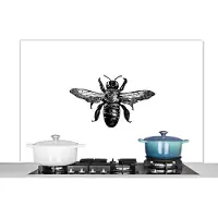 KitchenYeah Spatscherm keuken 120x80 cm - Kookplaat achterwand Bij - Insect - Vintage - Zwart wit - Muurbeschermer - Spatwand fornuis - Hoogwaardig aluminium