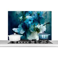 KitchenYeah Spatscherm keuken 100x65 cm - Kookplaat achterwand Bloemen - Boeket - Verf - Blauw - Muurbeschermer - Spatwand fornuis - Hoogwaardig aluminium