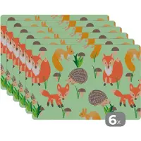 KitchenYeah Placemat - Placemats kunststof - Dieren - Patronen - Egel - 45x30 cm - 6 stuks - Hittebestendig - Anti-Slip - Onderlegger - Afneembaar