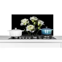 KitchenYeah Spatscherm keuken 80x40 cm - Kookplaat achterwand Bloemen - Rozen - Wit - Botanisch - Zwart - Muurbeschermer - Spatwand fornuis - Hoogwaardig aluminium
