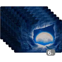 KitchenYeah Placemat - Placemats kunststof - Grot - Maan - Ruimte - Heelal - Blauw - 45x30 cm - 6 stuks - Hittebestendig - Anti-Slip - Onderlegger - Afneembaar