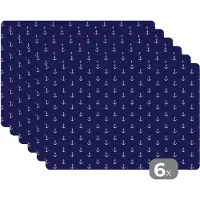 KitchenYeah Placemat - Placemats kunststof - Patroon - Strand - Zee - Anker - 45x30 cm - 6 stuks - Hittebestendig - Anti-Slip - Onderlegger - Afneembaar