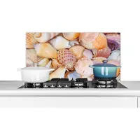 KitchenYeah - Spatscherm - Schelpen - Oranje - Geel - Strand - Keuken decoratie - Spatscherm zee - 90x45 cm - Muurbeschermer - Spatwand