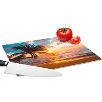 KitchenYeah Glazen Snijplank - 28x20 - Palm - Zonsondergang - Horizon - Strand - Zee - Tropisch - Snijplanken Glas