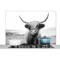 KitchenYeah Spatscherm keuken 120x80 cm - Kookplaat achterwand Dieren - Schotse hooglander - Koe - Zwart - Wit - Muurbeschermer - Spatwand fornuis - Hoogwaardig aluminium