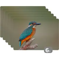 KitchenYeah Placemat - Placemats kunststof - Vogel - IJsvogel - Tak - 45x30 cm - 6 stuks - Hittebestendig - Anti-Slip - Onderlegger - Afneembaar