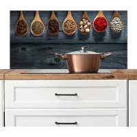 KitchenYeah Spatscherm keuken 100x50 cm - Kookplaat achterwand Kruiden - Lepels - Hout - Keuken - Specerijen - Industrieel - Muurbeschermer - Spatwand fornuis - Hoogwaardig aluminium