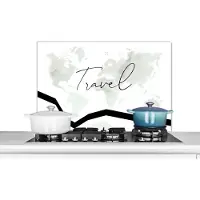 KitchenYeah Spatscherm keuken 90x60 cm - Kookplaat achterwand Kaart - Wereld - Travel - Zwart - Wit - Muurbeschermer - Spatwand fornuis - Hoogwaardig aluminium