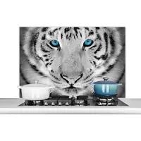 KitchenYeah Spatscherm keuken 100x65 cm - Kookplaat achterwand Dieren - Tijger - Ogen - Blauw - Zwart wit - Muurbeschermer - Spatwand fornuis - Hoogwaardig aluminium