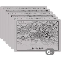 KitchenYeah Placemat - Placemats kunststof - Plattegrond - Lille - Kaart - Frankrijk - Stadskaart - Zwart wit - 45x30 cm - 6 stuks - Hittebestendig - Anti-Slip - Onderlegger - Afneembaar