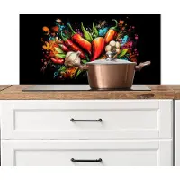 KitchenYeah Spatscherm keuken 90x45 cm - Kookplaat achterwand Groente - Peper - Knoflook - Graffiti - Verf - Kleurrijk - Muurbeschermer - Spatwand fornuis - Hoogwaardig aluminium