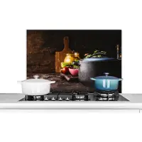KitchenYeah Spatscherm keuken 80x55 cm - Kookplaat achterwand Rustiek - Stilleven - Pan - Groente - Muurbeschermer - Spatwand fornuis - Hoogwaardig aluminium