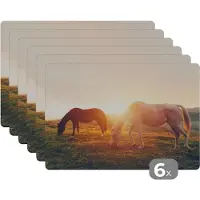 KitchenYeah Placemat - Placemats kunststof - Paarden - Zon - Dieren - 45x30 cm - 6 stuks - Hittebestendig - Anti-Slip - Onderlegger - Afneembaar